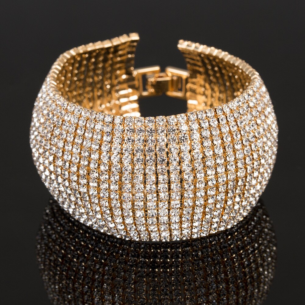 Pulsera de lujo con diamantes de imitación para mujer, brazalete de cristal, pulsera nupcial de boda, joyería de Color dorado y plateado
