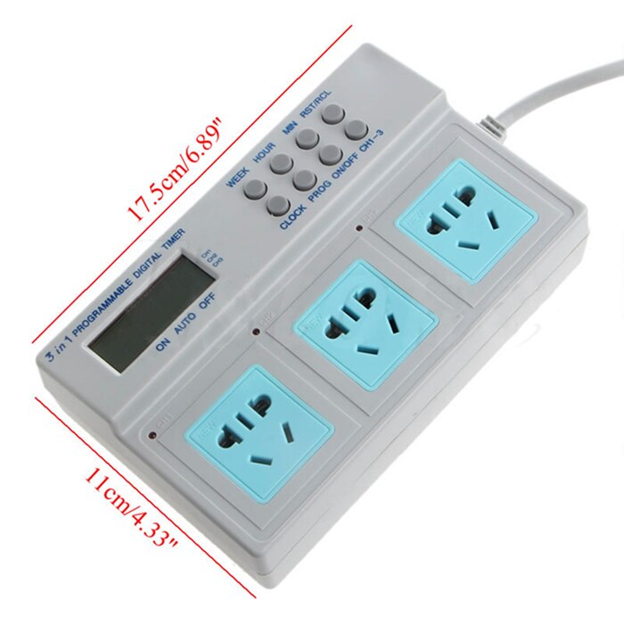 Programmable Digital Timer Outlet - 16A 3680W - 1.5m Extension Cord - 3 Outlets - Universal Application