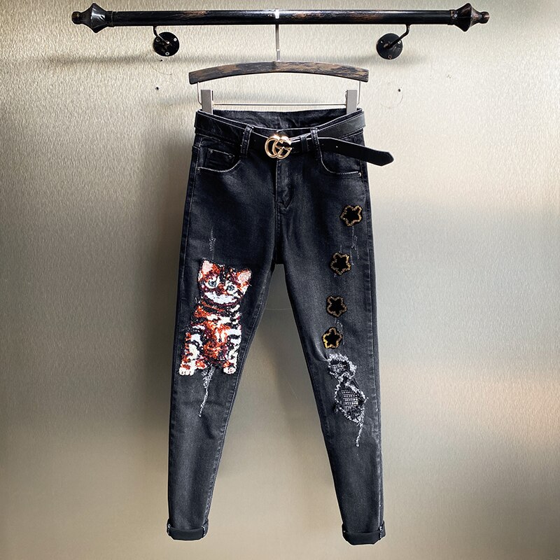 Pantalones vaqueros con bordado de lentejuelas y diamantes para mujer, Jeans ajustados de dibujos animados, elásticos, color negro, primavera y otoño, novedad de