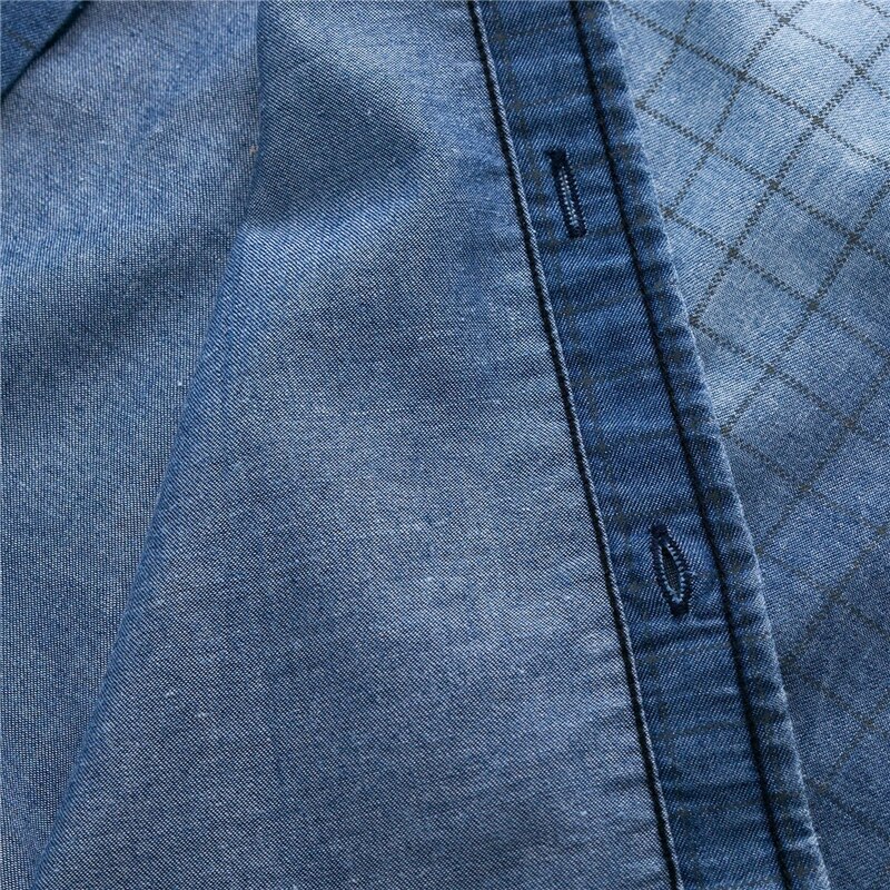 Forår sommer efterår denim jean skjorte bomuld vasket plaid ternet skjorte langærmede fritidsskjorter mandlige cowboy blåt tøj