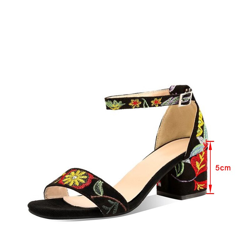 Sandales d'été pour femmes, chaussures brodées à talons carrés, bout ouvert, talon de 5cm, antidérapantes