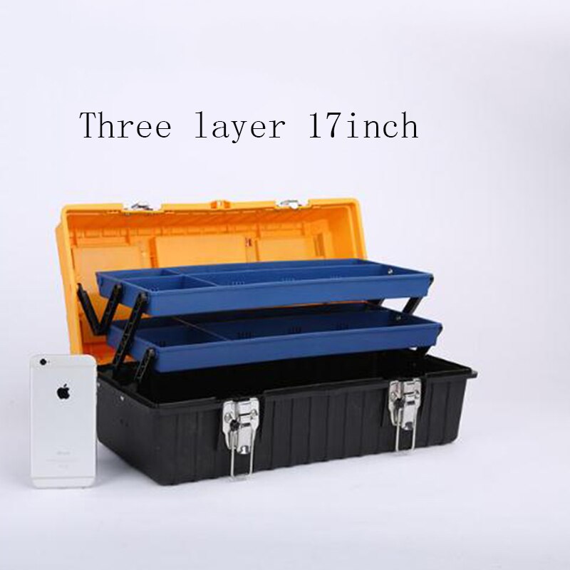 Portable Plastic Toolbox Multifunctional Household Hardware Hand Tools Repair Tool Box Car PP Storage Tool Electrical Toolkit: Three layer-17inch