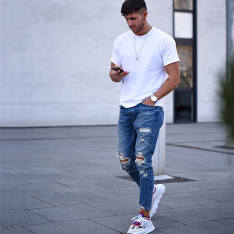 Afslappet plus size mænd jeans solid slank ankel længde denim bukser hul ankel længde streetwear: Xxl