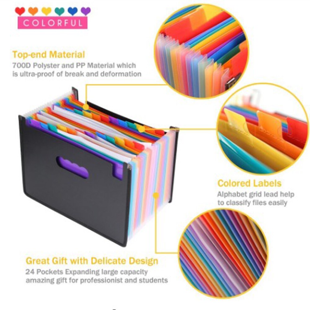 Expanding File Folder 24 Pockets, black Accordion A4 folder Document Organizer