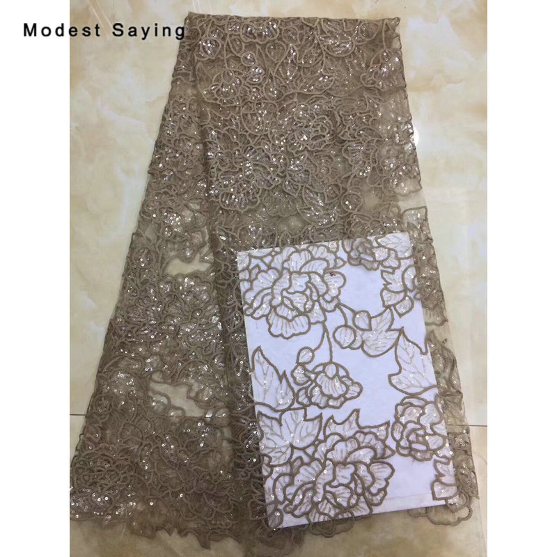 2 Yards Khaki Sequined Flowers Lace Fabrics for Evening Dress Embroidered Mesh Party Prom Net Lace Material