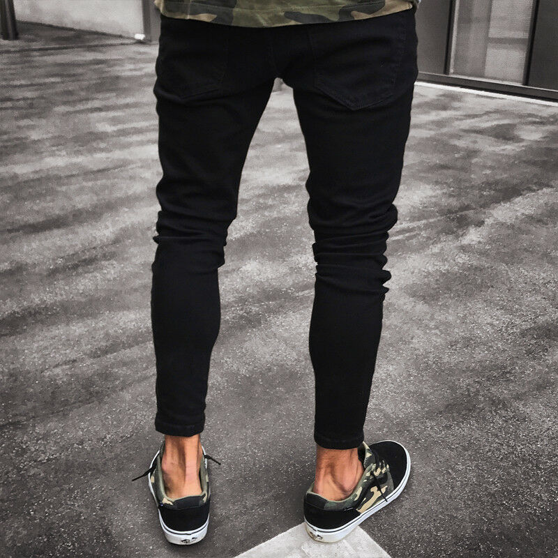 Herre seje sorte rippede skinny jeans ødelagt flossede slim fit denim bukser lynlås hop hop bukser huller til mænd