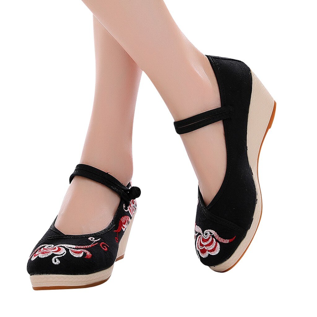 Women's Wedges Flowers Embroidered Canvas Shoes Chinese Style Casual Shoes black Folk Flower Embroideried Fabric Wedge shoes#smt