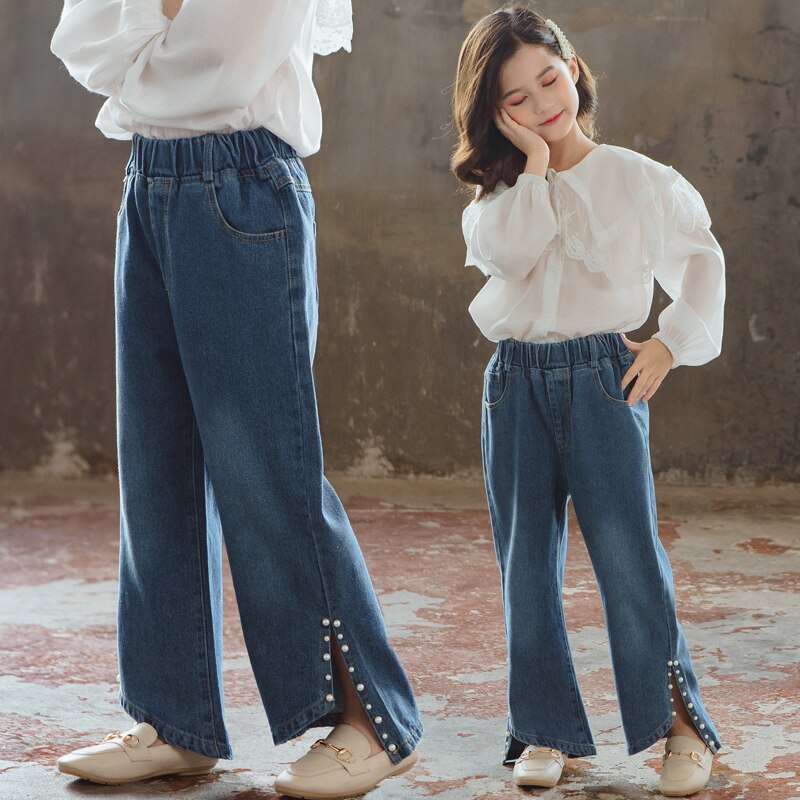 Pearls Jeans for Girls Spring Boot Cut Pants Solid Kids Clothing Teenager Girls Wide Leg Jeans For Girls 4 6 8 9 12 14 Years: 11