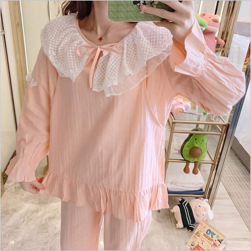 Roze katoenen nachtkleding voor de zwangerschap, herfst en zomer, pyjama's met kant voor de voeding van zwangere vrouwen, nachtkleding voor de zwangerschap  x057