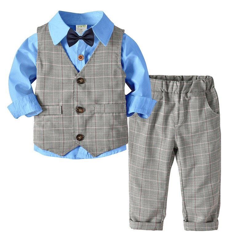 4Pcs Kids Boys Gentleman Formal Plaid Suit Birthday Party Wedding Clothing Set: Blue / 2T