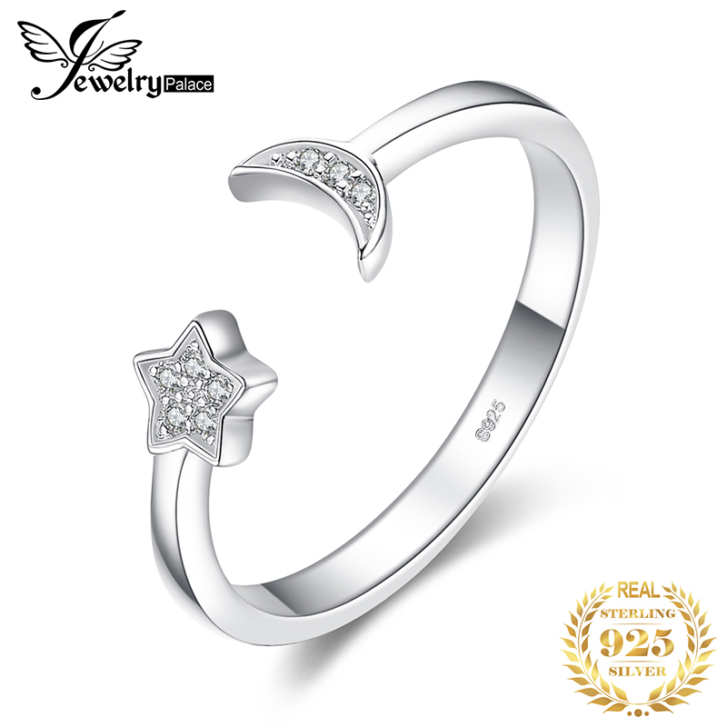 Jewelrypalace Moon Star 925 Sterling Zilveren Ring Zirconia Open Verstelbare Stapelbaar Manchet Wrap Vinger Ringen Voor Vrouwen