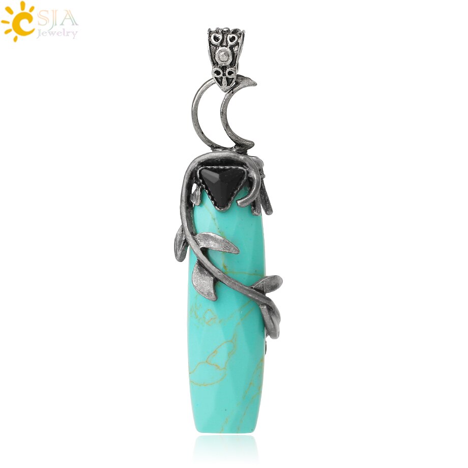 CSJA Antique Silver Color Pendant Necklaces Natural Crystal Stones Leaves Winding Faceted Rectangle Long Pendants Women Men G587: Turquoise