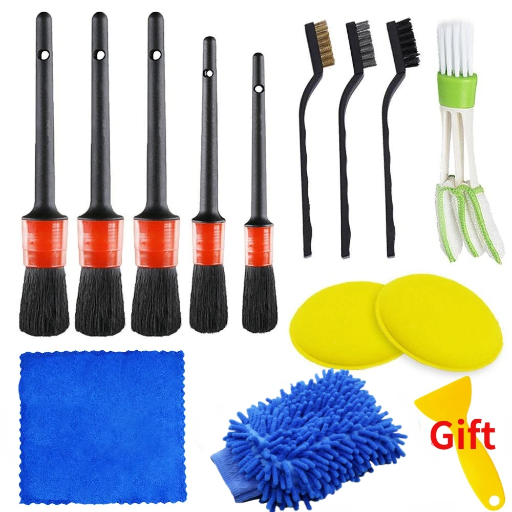 PWS Kit de cepillos para detalles de coches, cepillos para limpieza automotriz, limpieza de aire automática, cepillo de taladro eléctrico, limpieza de polvo y suciedad de coches: Oro