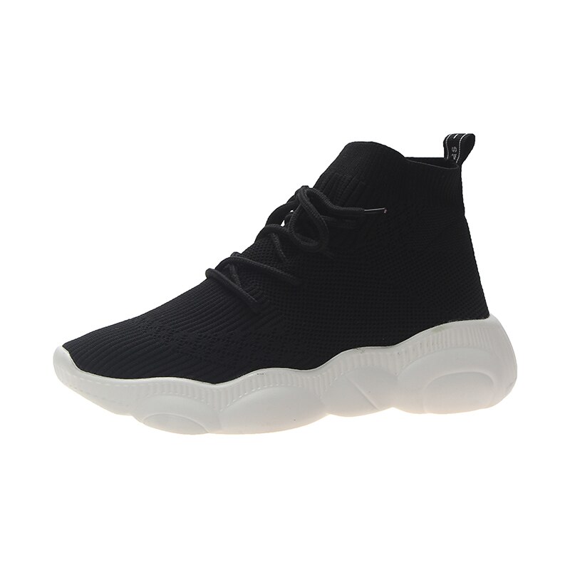 Svart vit stickad hög plattform sneakers tjock sula strumpa sneakers dam skor mjuk sula som andas fritidsskor kvinnor: Svart / 39