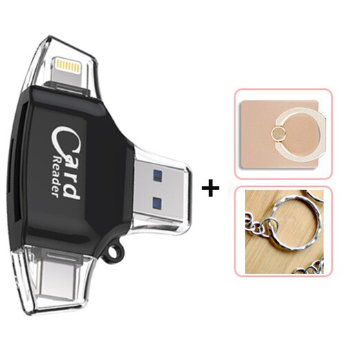 Lector de tarjetas Micro SD 4 en 1 tipo C, adaptador Lightning para iPhone, Android, iPad, MacBook, USB, OTG, extensión de teléfono: Black