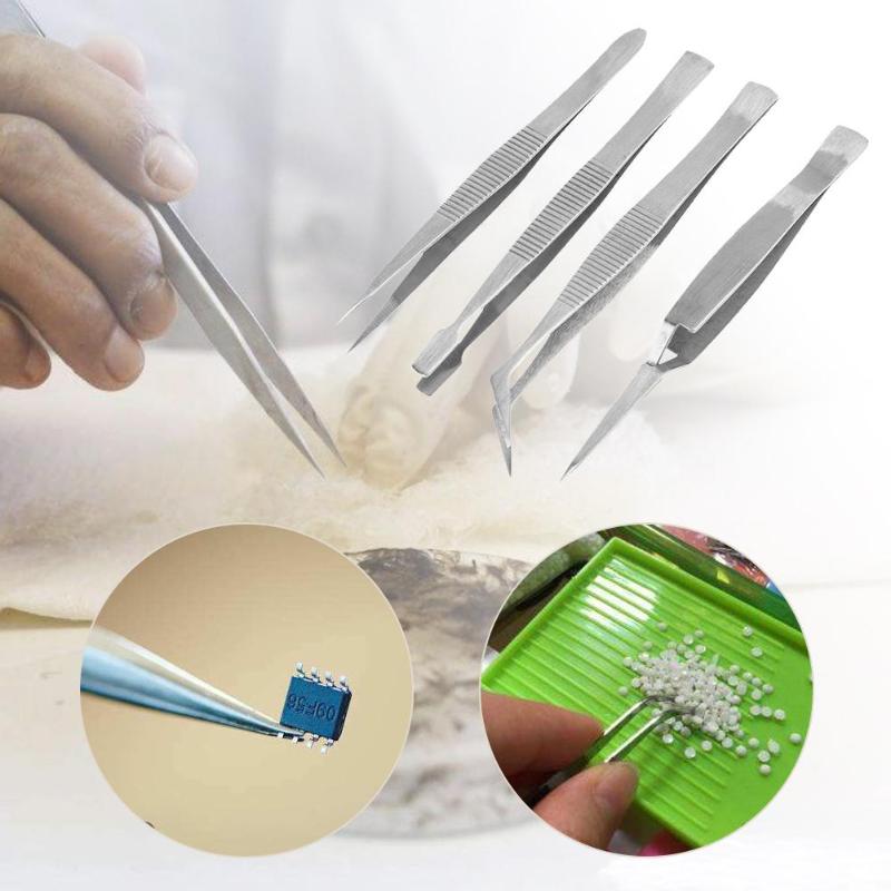 4pcs Stainless Steel Tweezers Pointed Elbow Flat Cross Craft Kraft Hobbies Sewing Tweezers Repair Maintenance Tool