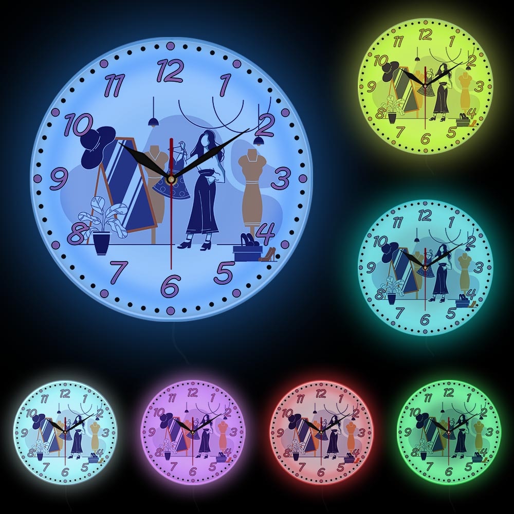 Female Clothing Shop Wall Clock Toggery Business Sign Couture Silent Movement Wall Watch Girly Wall Art Home Decor Clock: White Frame With LED