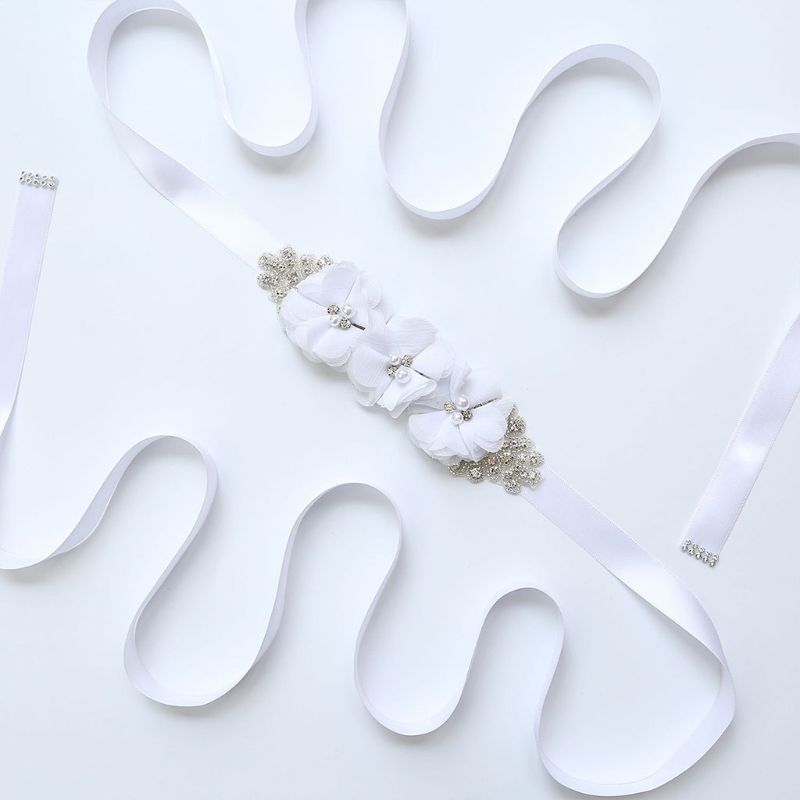 fajín de Tres flores para mujer, pretina de cuentas de estrás, fajín nupcial, fajín para boda, vestido ceñido en la cintura, cinturón, 12 colores: Blanco