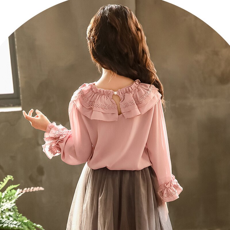 Blusa de manga larga con volantes para niña, camisa de gasa para primavera y verano, ropa para niño, Tops escolares RT408