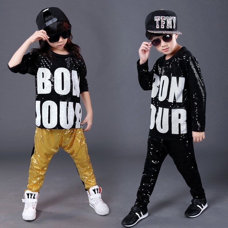 Child hip hop jazz modern dance Paillette clothing hip hop kids Sequined t shirt performance wear child costume