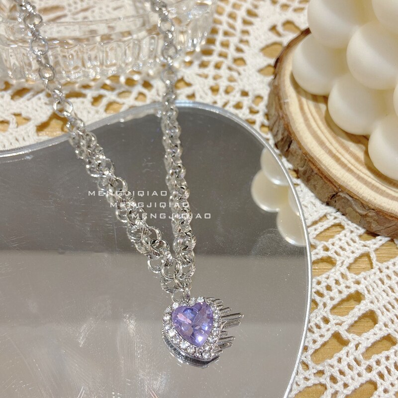 MENGJIQIAO tendance violet coeur cristal collier ras du cou pour les femmes filles métal cou chaîne de noël fête bijoux: necklace