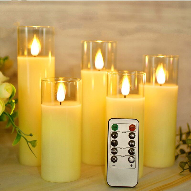 Remote controlled Mini Flameless Glass tube Candles 3D wick LED Light Flickering Battery operated Pillar Candle Home Party Decor: Set of 5