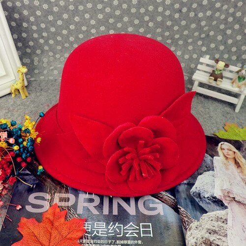 Herbst Winter Wolle Boater Flache Top Hut Für Frauen Filz Breiter Krempe Fedora Hut Jazz Kappe Klassischen Bowler Gambler top Hut: Red peony flowers