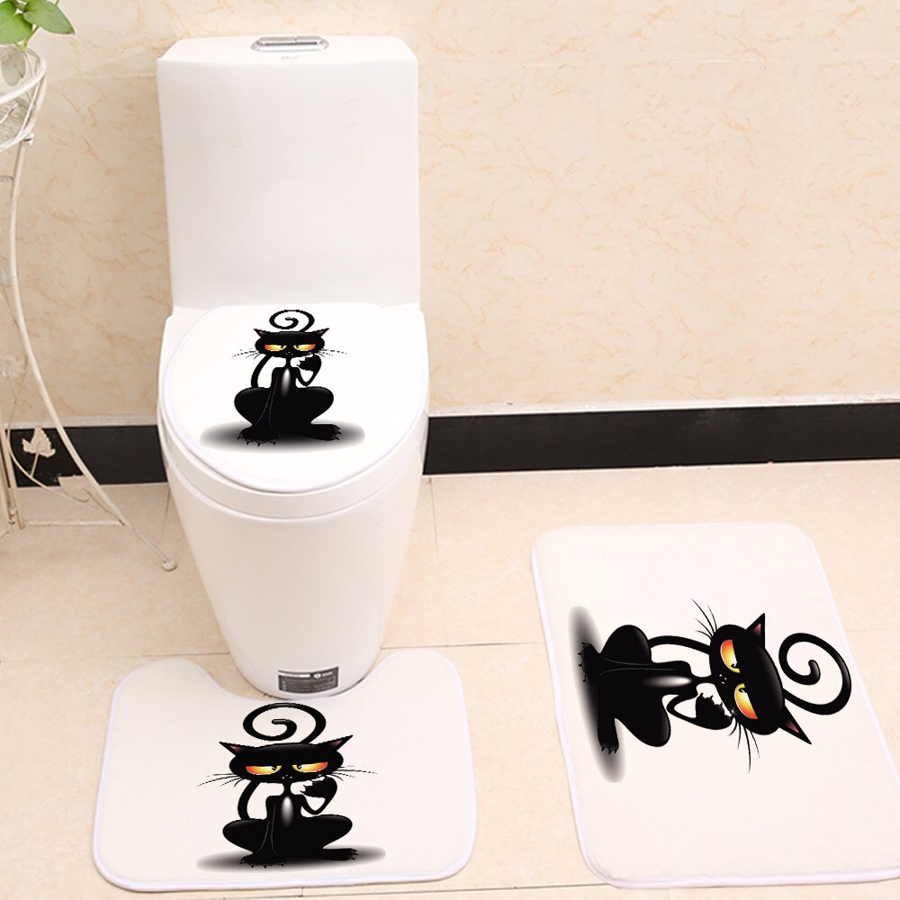 Miracille 3 stk / sæt sød sort kat mønster badeværelse toilet sædeovertræk koral fleece dørmåtte køkken skridsikre tæpper boligindretning