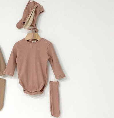 Facejoyous Kinderen Bodysuit Baby Kleding Voor Jongens Meisjes Cartoon Bodysuit + Konijn Oren Hoed + Sok Baby Bodysuit 3Pcs baby Kleding: 52333636brown / 24M