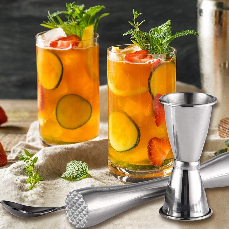 Cocktail shaker setti, ruostumattomasta teräksestä valmistettu cocktail-sekoitin, kaksoiscocktailjigger ja spiraalikuvioinen baaricocktail 3 kpl