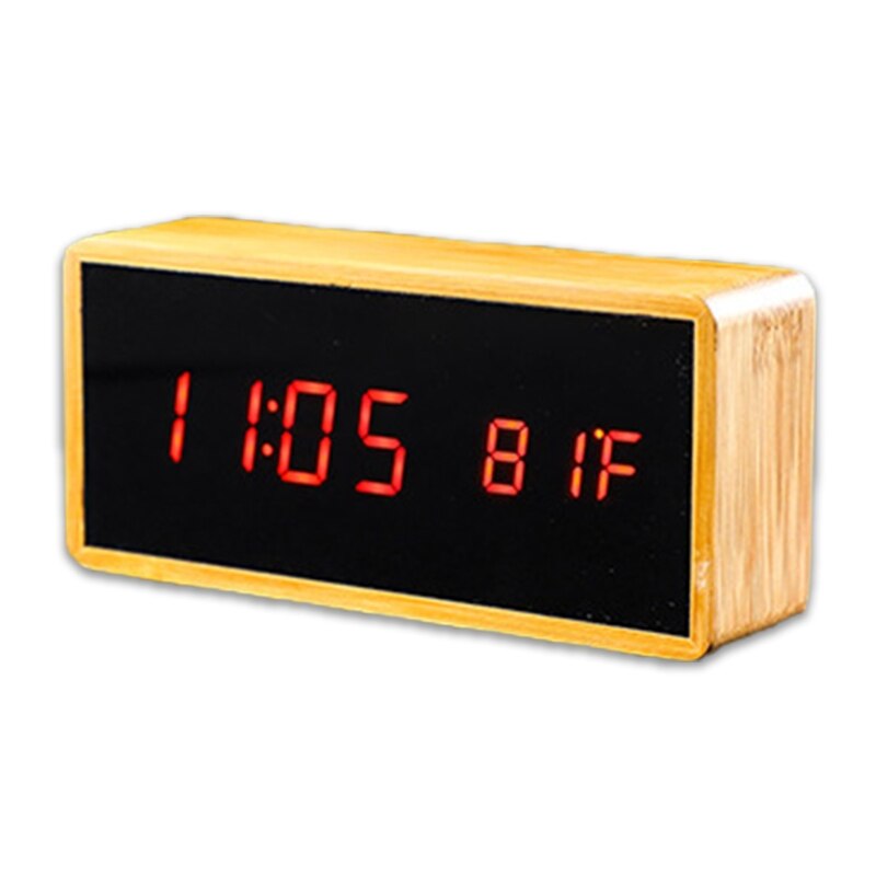 Electronic Digital Temperature Time Dual Display Desktop Alarm Clock LED Wooden: Red