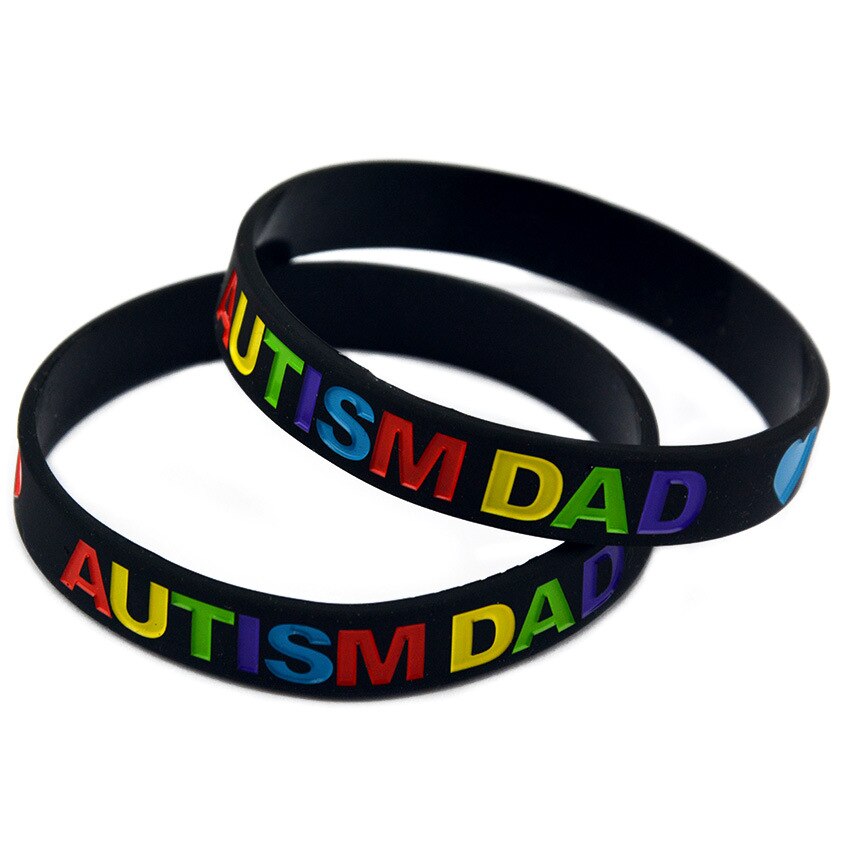 PBR157(1), "Autism Dad and Mom" Print Black/White Puzzle Pieces Ribbon Autism Awareness Wristband Silicone Rubber Bracelets: Black