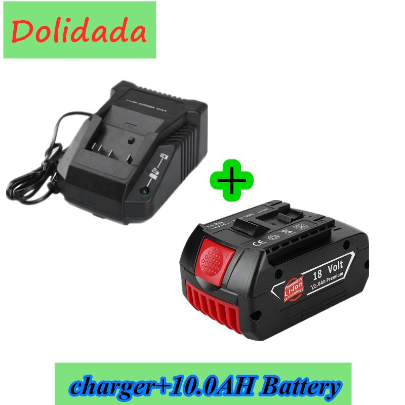 2 Pcs 18V10000mAh Oplaadbare Voor Bosch 18V Batterij Backup10.0A Draagbare Vervanging BAT609 Lampje + 3A Batterij Oplader: Rood