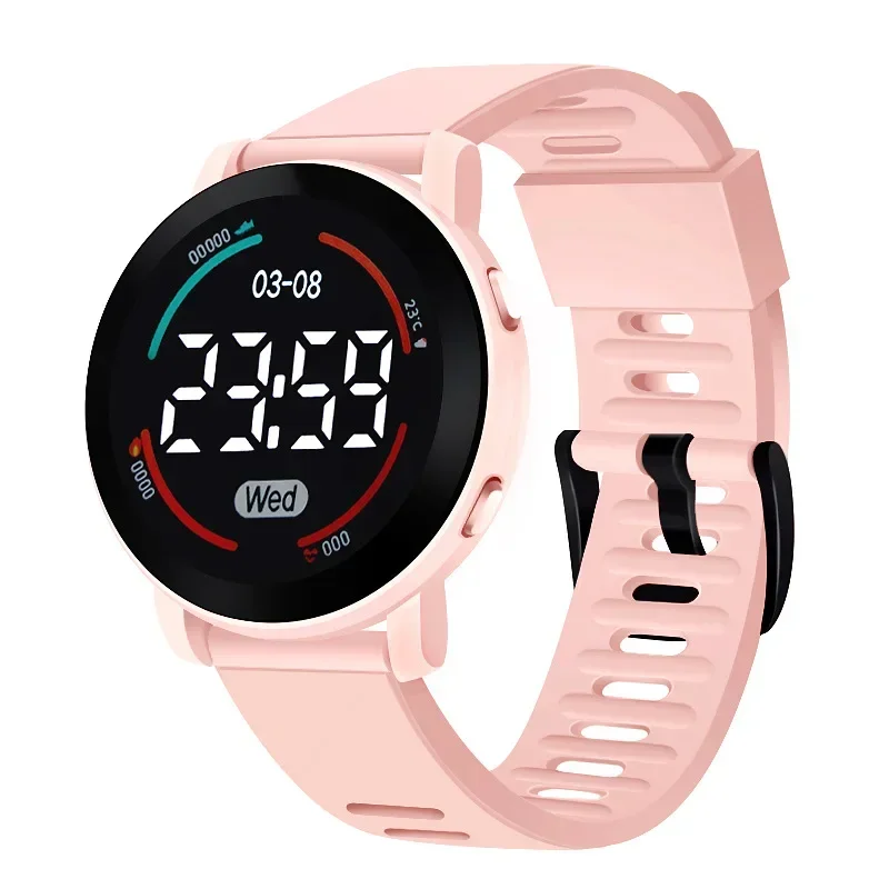 Juvenile Multifunctional Electronic Watch Sports Waterproof Fall Proof Ultra Clear Round Screen LED Digital Clock Reloj Niña: Rose