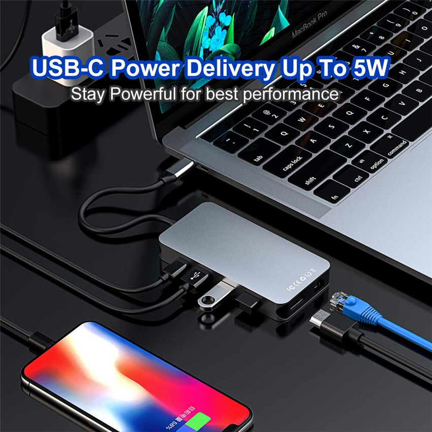 Thunderbolt 3 Type C Converter Usb C Hdmi 4K 30Hz USB3.0 Hub Micro Sd/Tf Card Reader RJ45 1000 Mbps Met Pd Opladen Adapter