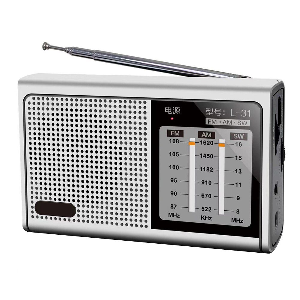 AM/FM/SW Full Band Radio Mini Portable Handheld USB Rechargeable Radio Receiver Speaker Telescopic Antenna 3.5mm Headphone Jack: Silver