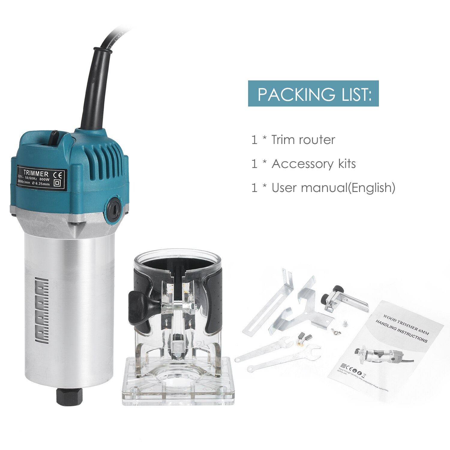 110V 800W Trim Router 30000r/min with Transparent Base Edge Guide Wood Laminate Electric Trimmer Compact Palm Router Corded