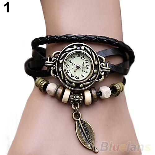 Women's Watch Retro Leather Bracelet Tree leaf Decoration Wrist Watch Ladies Quartz Watch relogio feminino часы: Black