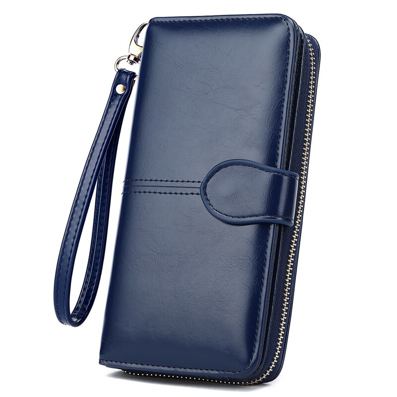 VICUNA POLO Brand Waxy Oil Leather Card Holder Wallet For Women Large Capacity Travel Ladies Wallet Clutch Wristlet Wallets: Deep Blue
