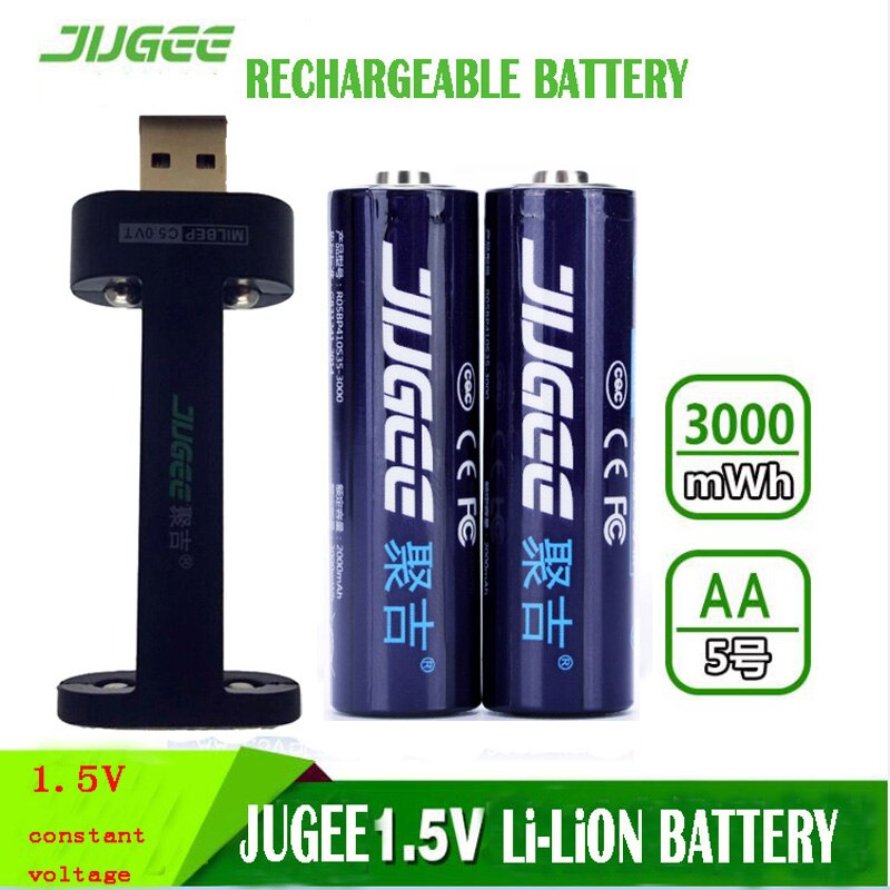 Jugee 1.5V Aa 3000mwh Aaa 1000mwh Lithium Batterij Usb Oplaadbare Lithium Usb Batterij Slimme Lader: 2AA with charger