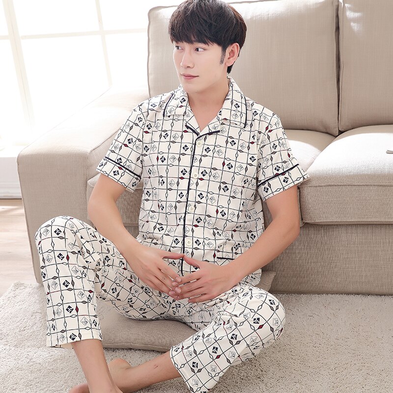 Men's Pajamas Summer Short Sleeve Sleepwear Cotton Geometric Cardigan Pyjamas Men Lounge Pajama Sets Plus size M-4XL Sleep