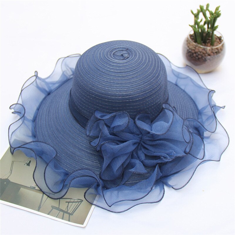 Sombrero de ala ancha tejido a mano para mujer, gorra con adornos de flores, Anti-UV, con cordones, ala ancha, para exteriores, Playa Floral: A