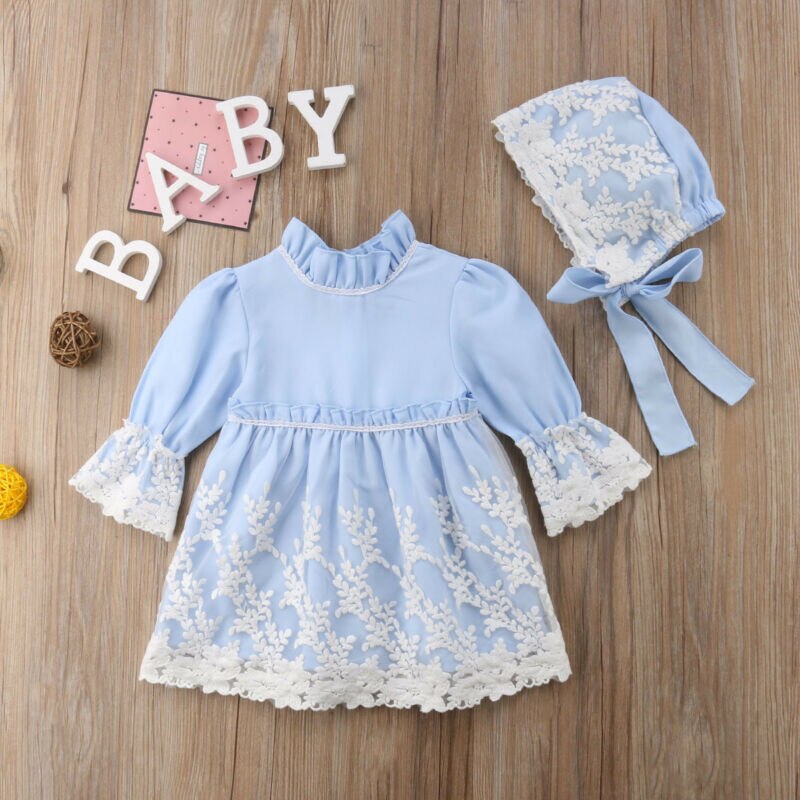 0-5Y Princess Kid Baby Girl Lace Dress Long Sleeve Party Pageant Dress+Hat Sweet Cute Patchwork Autumn Warm Infant Dress