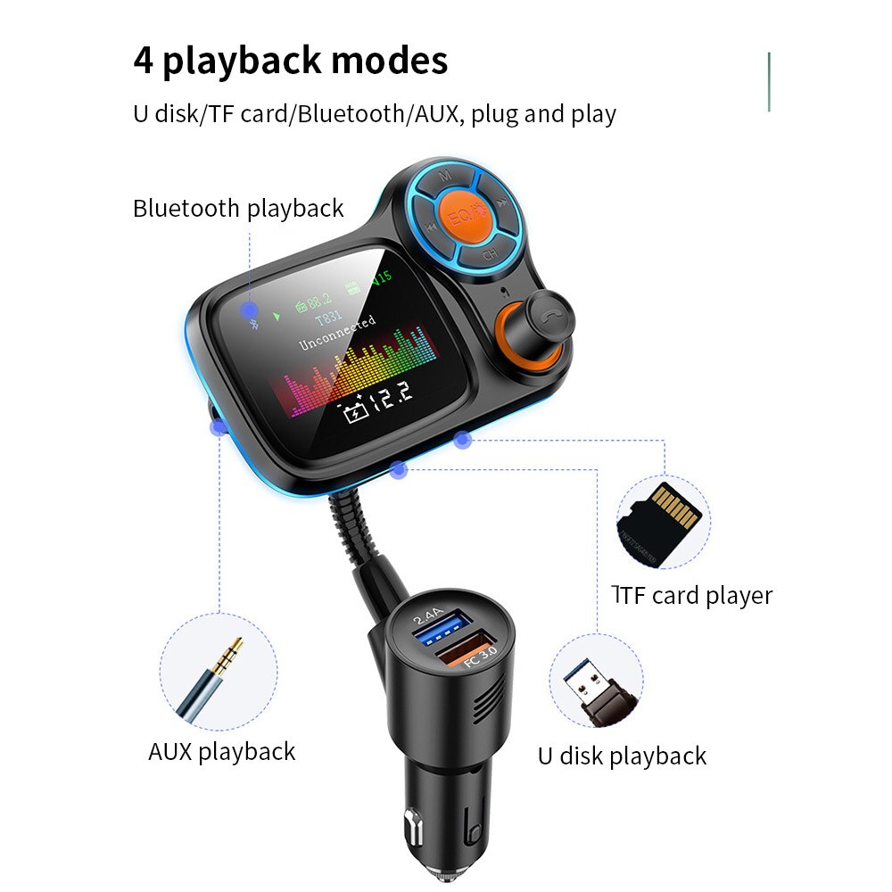 Wireless FM Transmitter Car Kit Hands Free Color Screen MP3 Player Fast Charge Quick Charge Bluetooth 5.0 LED High Music