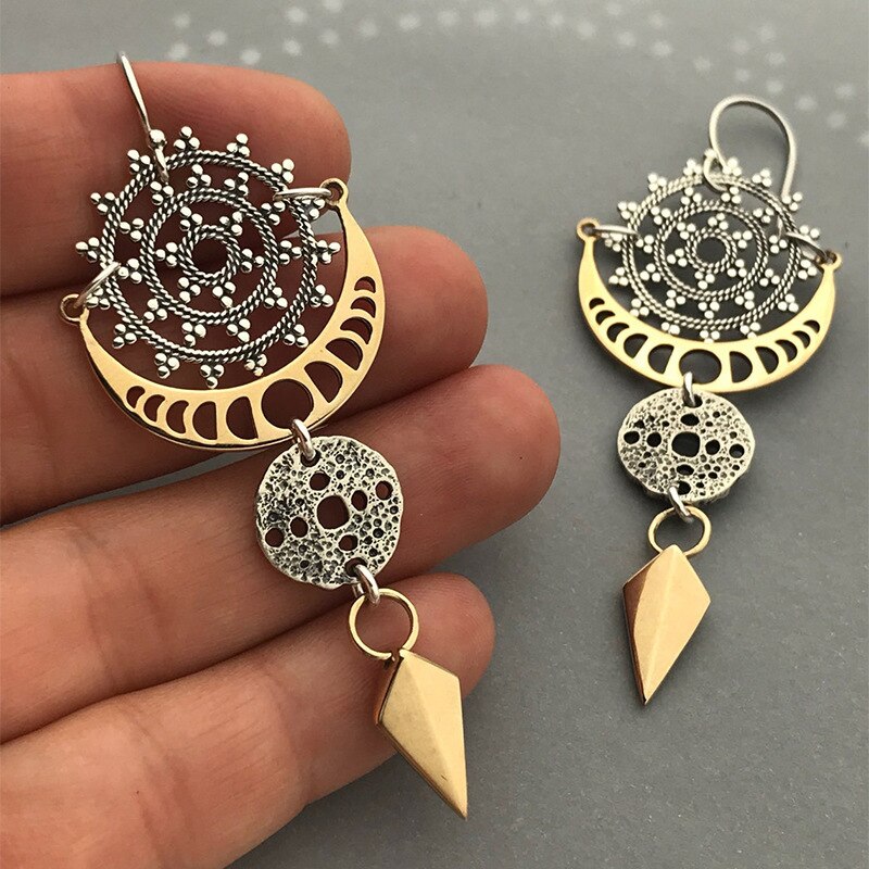 Newest Stars Moon Earrings for Women Boho Jewelry Vintage Two Tone Metal Geometric Hollow Dangle Earing Accessories