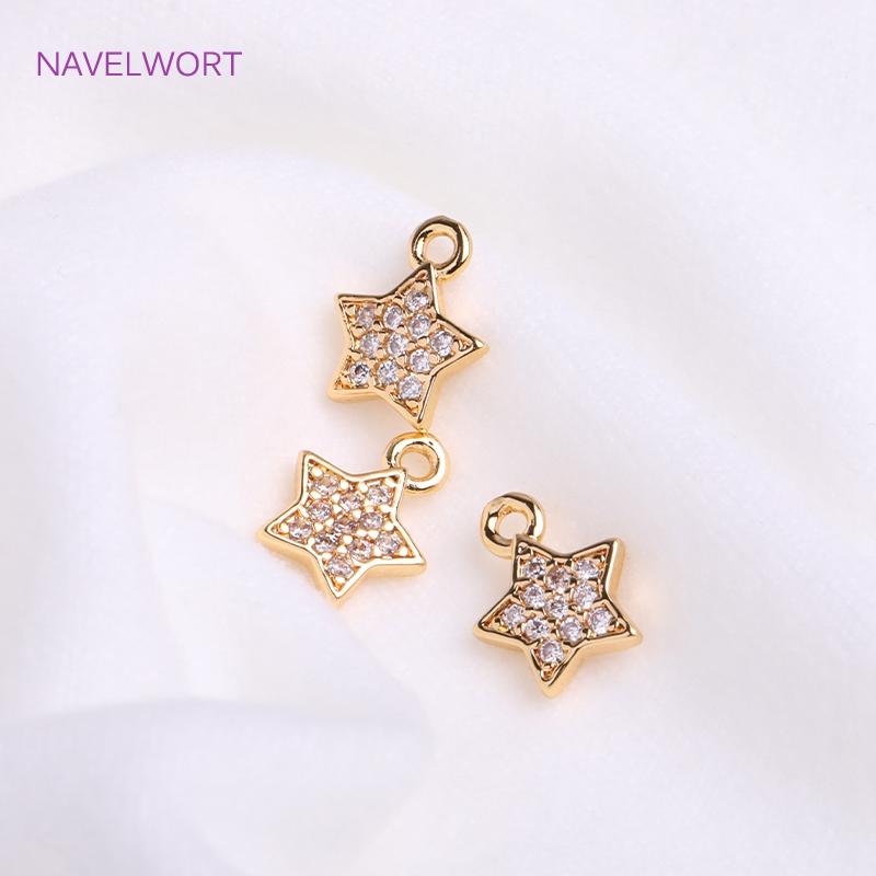 Pendientes de pentagrama chapados en oro de 14K, 7,5mm, bonitos dijes con incrustaciones de circón, colgantes de estrella pequeña, accesorios para hacer joyería DIY,
