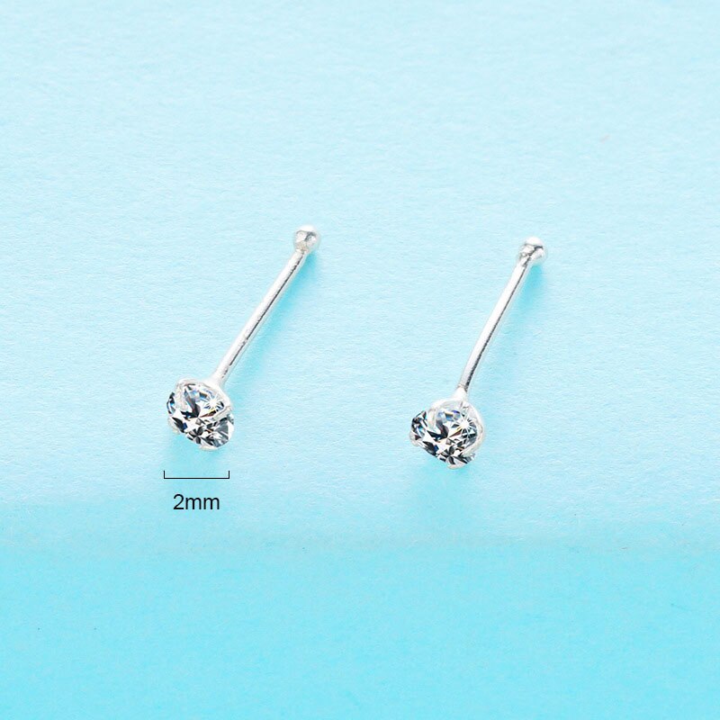 2 uds., Plata de Ley 925, clavos de perforación para nariz, 1,5mm/2mm/2,5mm/3mm, diamantes de imitación, piedra CZ, oreja, hélice, cuerpo, Septum, Piercing, joyería: 2mm white studs