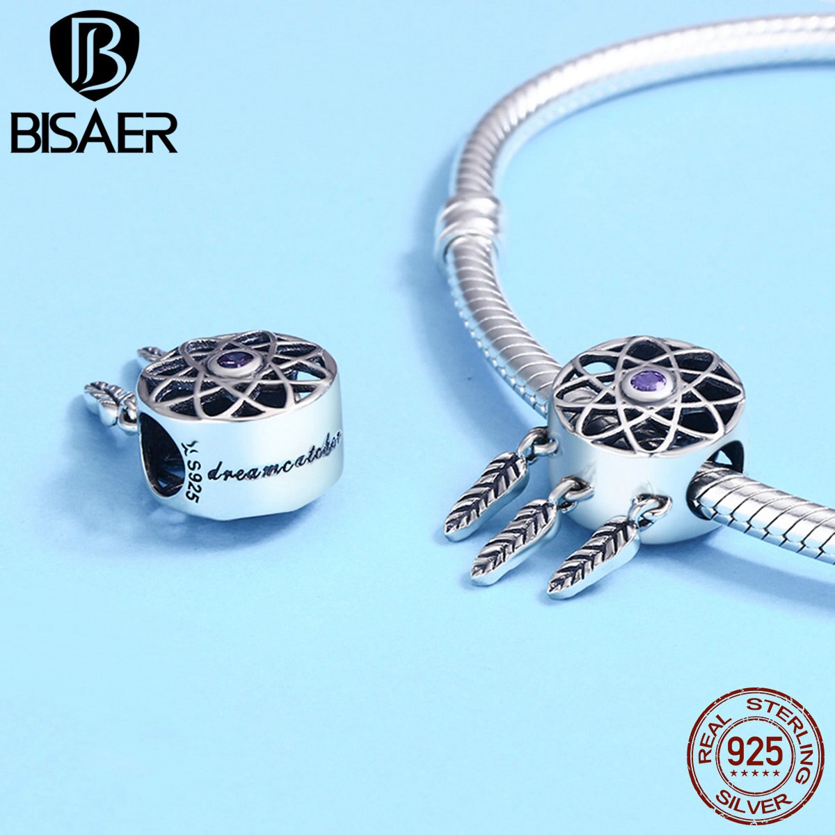 BISAER 925 Sterling Silver Beads Dreamcatcher Charms Dream catcher Beads Fit Charm Silver 925 Bracelet Vintage Jewelry ECC330