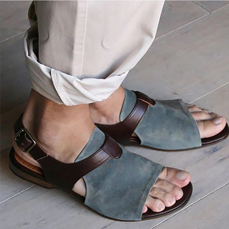 Sandalias romanas informales para hombre, zapatos planos Retro de Punta abierta para playa, sandalias de gladiador con cinturón y hebilla, talla grande, verano,: blue / 42