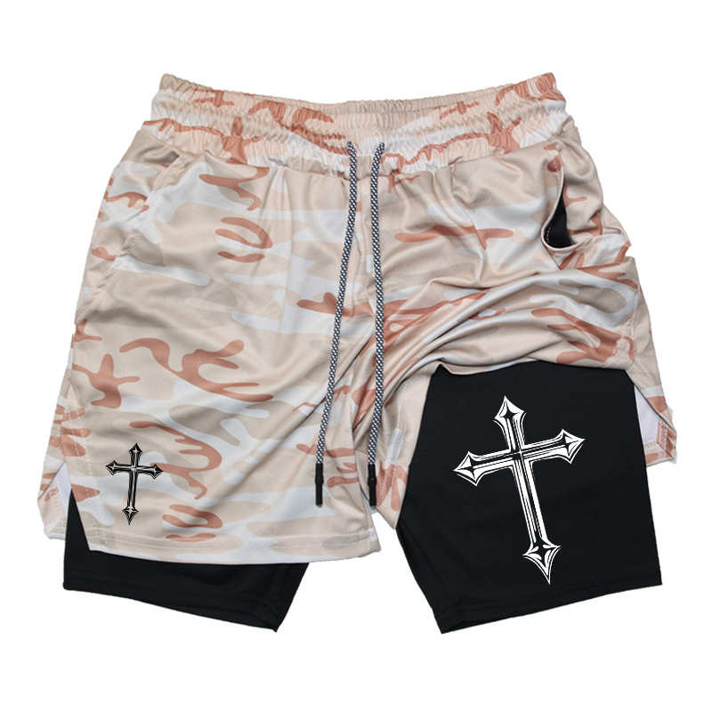 Cross Print 2 in 1 Workout Running Shorts for Men Christian Gym Athletic Shorts with Compression Liner Phone Pocket Towel Loop: XXL / PURPLE